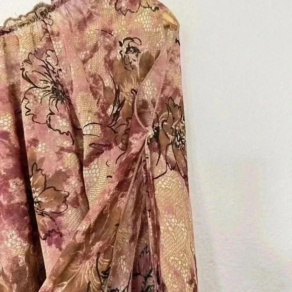 Womens Umgee Tan And Pink Boho Sheer Top Size Medium Floral Ruffles - Picture 7 of 7
